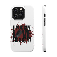 DistinctInk ToughCase for Apple iPhone, Compatible with MagSafe Charging - I Puckin' Love Hockey