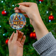 DistinctInk Hanging Ceramic Christmas Tree Ornament Charm with Gold String - Great Gift/Present - 2 3/4 inch Diameter - Enchanted Winter Cottage