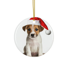 DistinctInk Hanging Ceramic Christmas Tree Ornament with Gold String - Great Gift/Present - 2 3/4 inch Diameter - Parson Russell Terrier Puppy Design