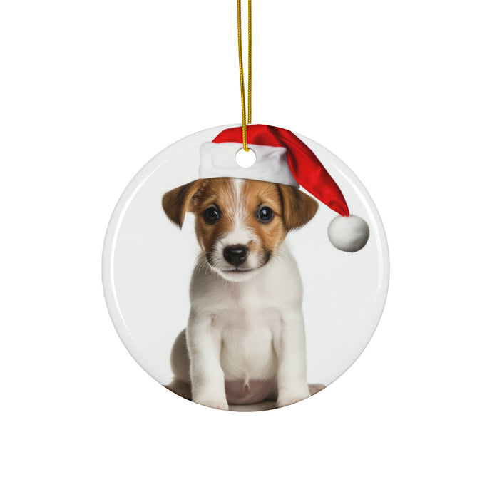 DistinctInk Hanging Ceramic Christmas Tree Ornament with Gold String - Great Gift/Present - 2 3/4 inch Diameter - Parson Russell Terrier Puppy Design