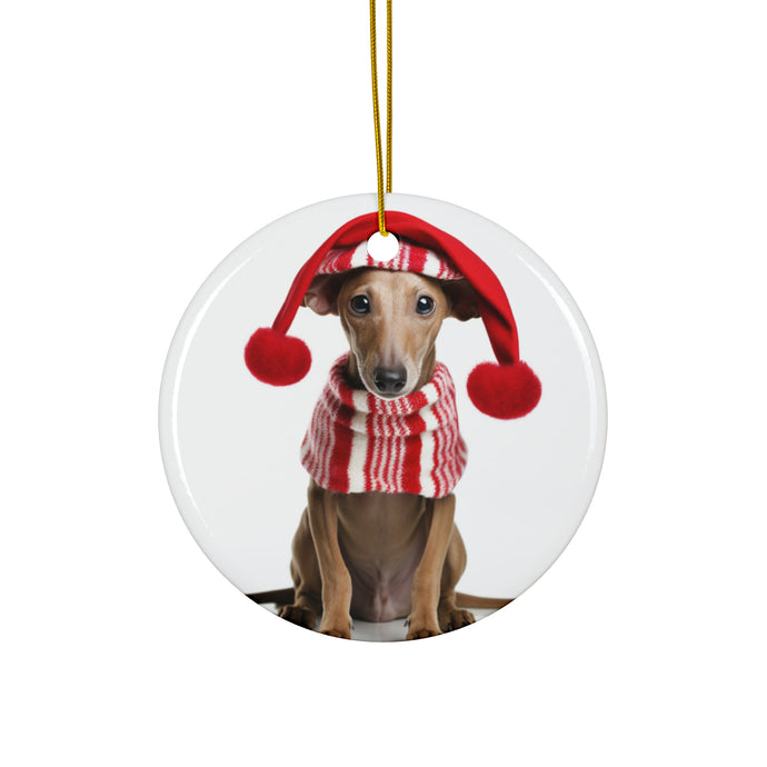 DistinctInk Hanging Ceramic Christmas Tree Ornament with Gold String - Great Gift/Present - 2 3/4 inch Diameter - Azawakh Puppy Design