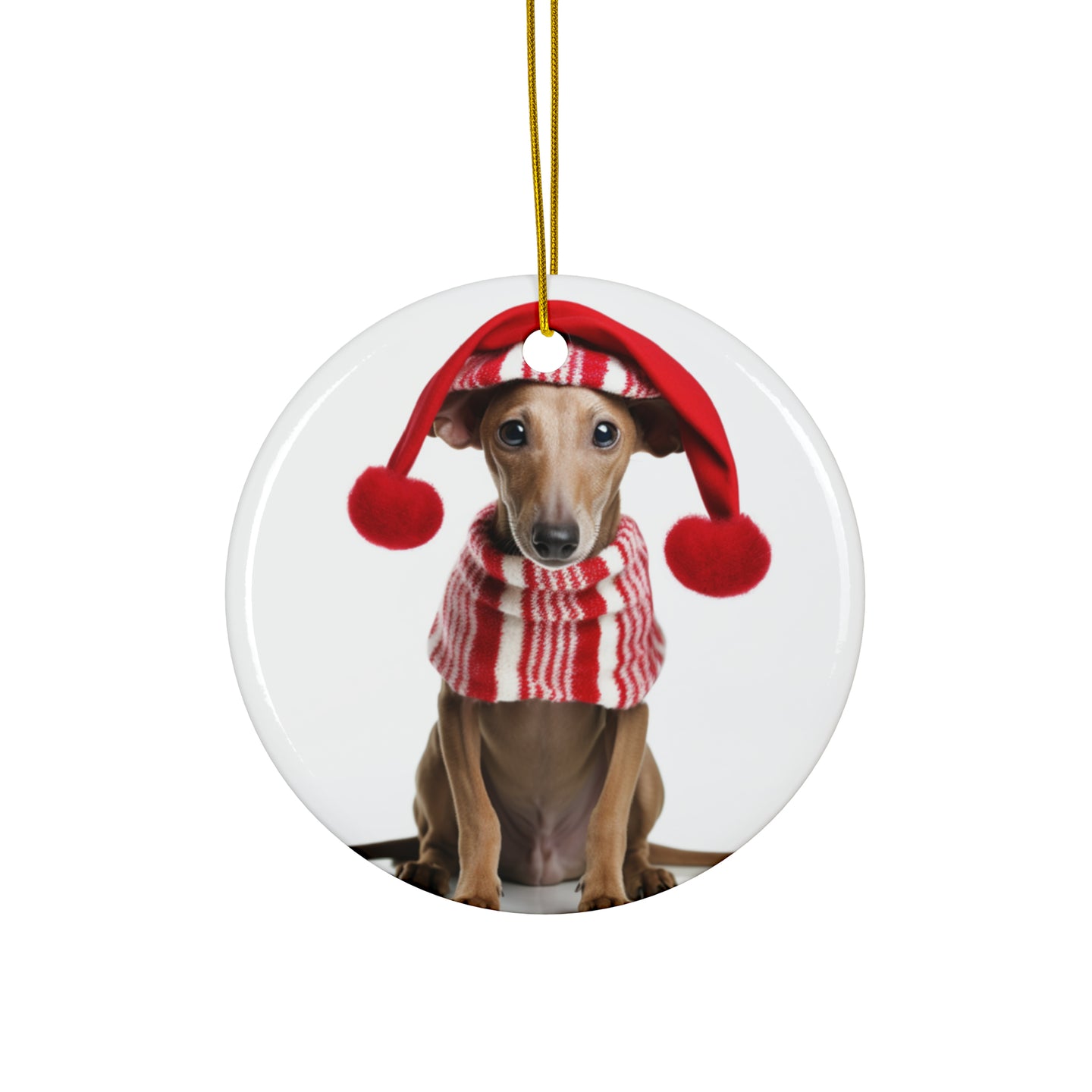 DistinctInk Hanging Ceramic Christmas Tree Ornament with Gold String - Great Gift/Present - 2 3/4 inch Diameter - Azawakh Puppy Design