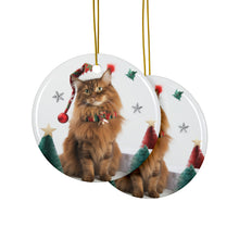 DistinctInk Hanging Ceramic Christmas Tree Ornament with Gold String - Great Gift/Present - 2 3/4 inch Diameter - Somali Cat Design