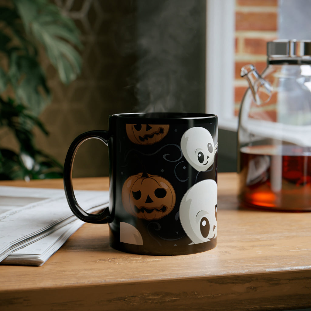 Black Coffee Mug - Ghost Skeleton Pumpkin Pattern for Halloween, view 6