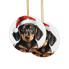 DistinctInk Hanging Ceramic Christmas Tree Ornament with Gold String - Great Gift/Present - 2 3/4 inch Diameter - Dachshund Puppy Drawing Design