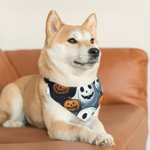 DistinctInk Adjustable Pet Banana Collar with Ghoulish Ghostbusters and Pumpkins Design for Halloween
