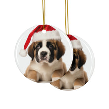 DistinctInk Hanging Ceramic Christmas Tree Ornament with Gold String - Great Gift/Present - 2 3/4 inch Diameter - St. Bernard Puppy Design