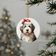 DistinctInk Hanging Ceramic Christmas Tree Ornament with Gold String - Great Gift/Present - 2 3/4 inch Diameter - Old English Sheepdog Puppy Drawing Design