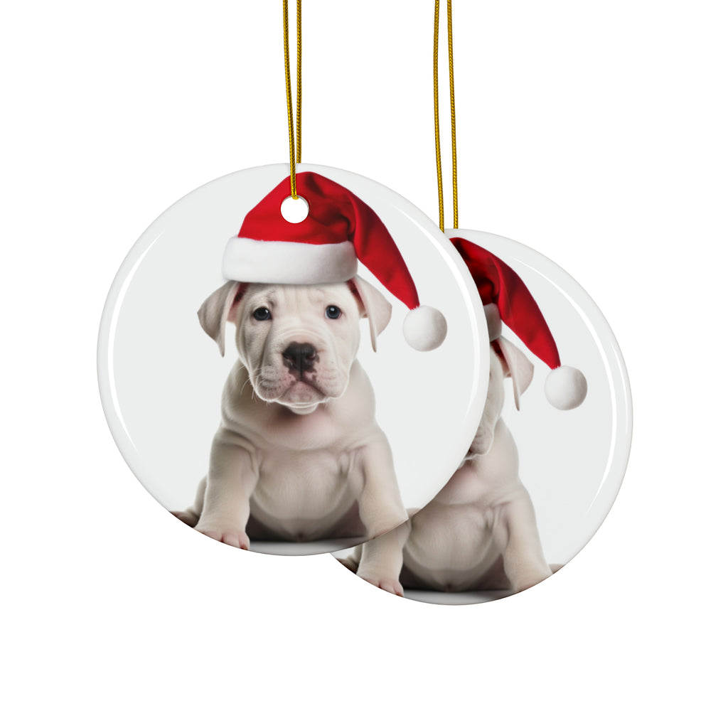 Hanging Ceramic Christmas Tree Ornament with Gold String - Dogo Argentino Puppy Design, view 2