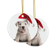 DistinctInk Hanging Ceramic Christmas Tree Ornament with Gold String - Great Gift/Present - 2 3/4 inch Diameter - Dogo Argentino Puppy Design