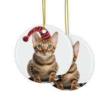 DistinctInk Hanging Ceramic Christmas Tree Ornament with Gold String - Great Gift/Present - 2 3/4 inch Diameter - Bengal Cat Design
