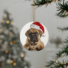 DistinctInk Hanging Ceramic Christmas Tree Ornament with Gold String - Great Gift/Present - 2 3/4 inch Diameter - Boerboel Puppy Design
