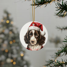 DistinctInk Hanging Ceramic Christmas Tree Ornament with Gold String - Great Gift/Present - 2 3/4 inch Diameter - English Springer Spaniel Puppy Drawing Design
