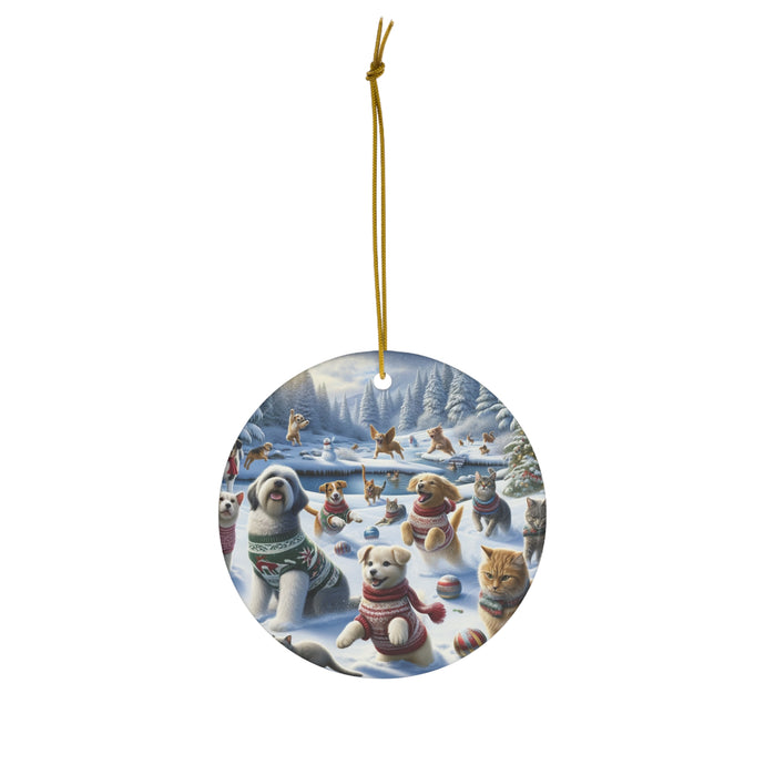 DistinctInk Hanging Ceramic Christmas Tree Ornament Charm with Gold String - Great Gift/Present - 2 3/4 inch Diameter - Pets' Snowy Christmas Adventure