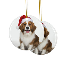 DistinctInk Hanging Ceramic Christmas Tree Ornament with Gold String - Great Gift/Present - 2 3/4 inch Diameter - Nederlandse Kooikerhondje Design
