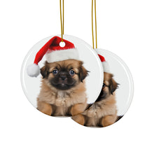 DistinctInk Hanging Ceramic Christmas Tree Ornament with Gold String - Great Gift/Present - 2 3/4 inch Diameter - Tibetan Spaniel Puppy Design