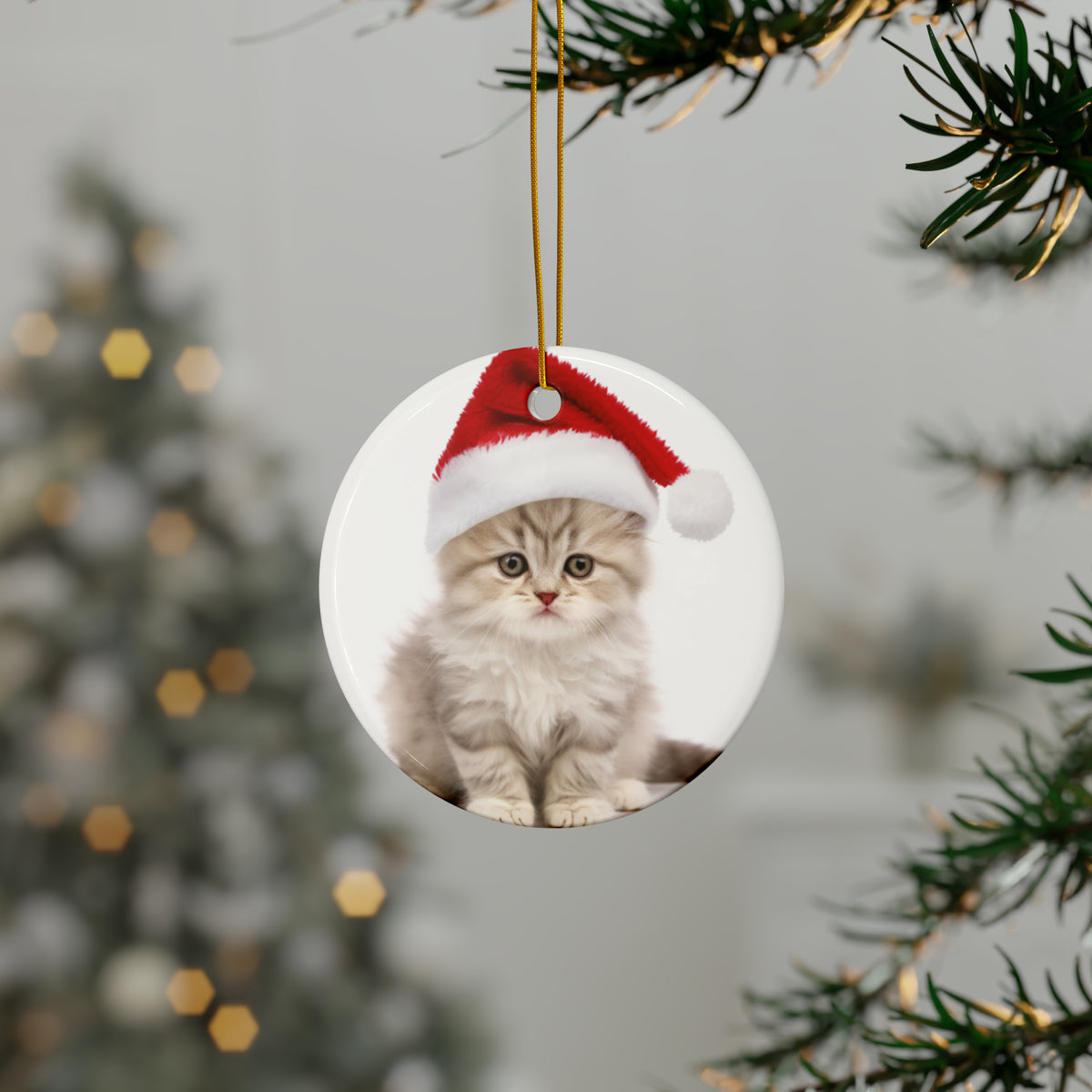 Hanging Ceramic Christmas Tree Ornament with Gold String - Selkirk Rex Kitten Design, view 3