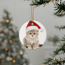 DistinctInk Hanging Ceramic Christmas Tree Ornament with Gold String - Great Gift/Present - 2 3/4 inch Diameter - Selkirk Rex Kitten Design