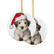 DistinctInk Hanging Ceramic Christmas Tree Ornament with Gold String - Great Gift/Present - 2 3/4 inch Diameter - Sealyham Terrier Puppy Design