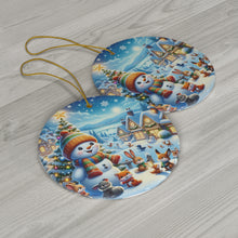 DistinctInk Hanging Ceramic Christmas Tree Ornament Charm with Gold String - Great Gift/Present - 2 3/4 inch Diameter - Snowy Village Holiday Magic