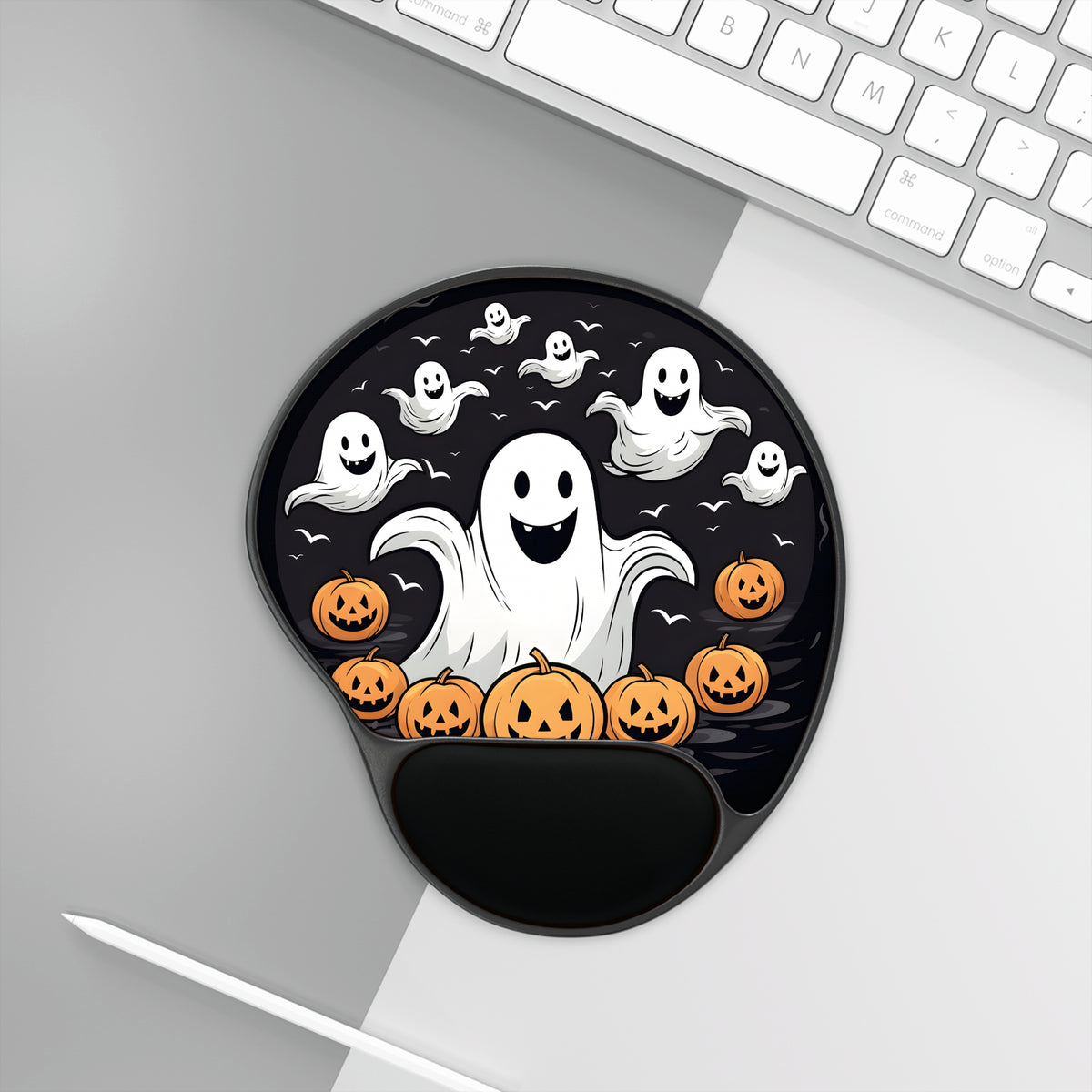Mouse Pad with Wrist Rest with Skeletal Ghostly Pumpkin Patch Design for Halloween, view 3