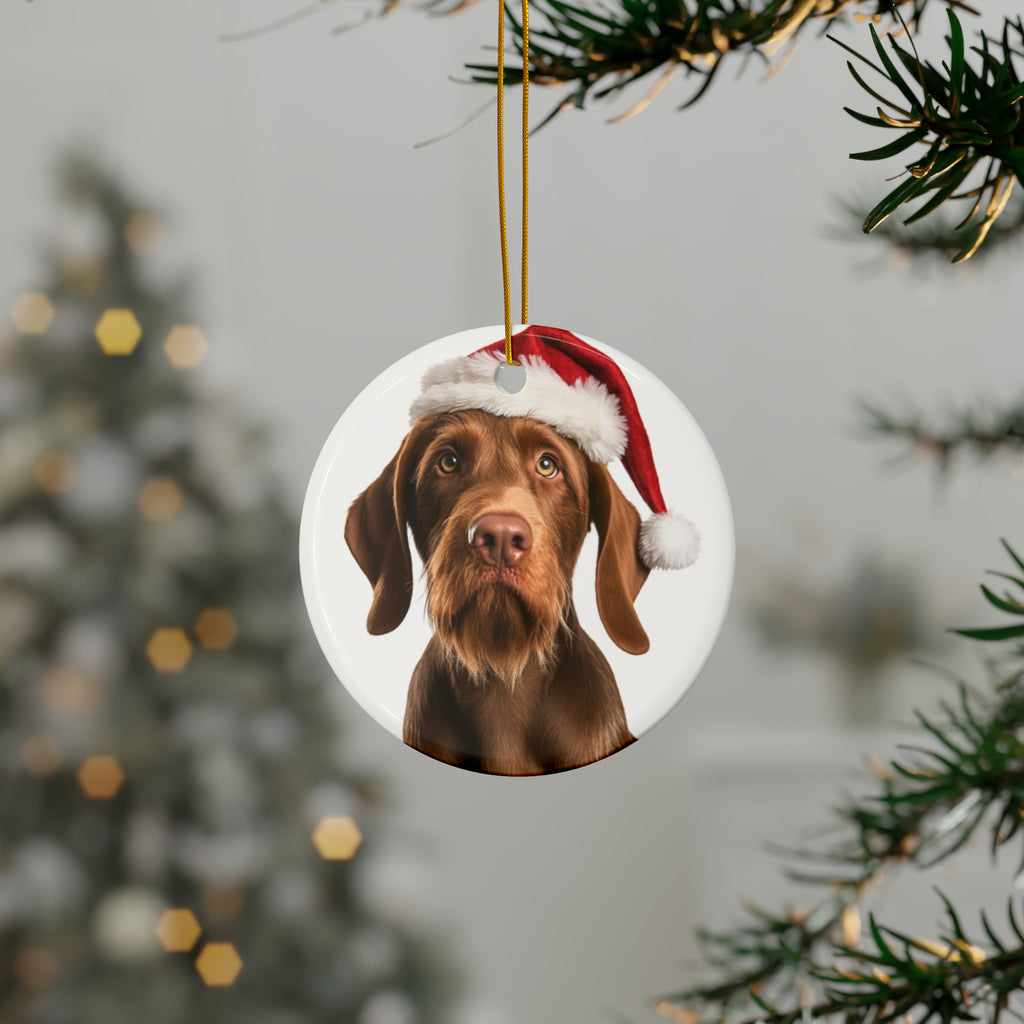 Hanging Ceramic Christmas Tree Ornament with Gold String - Wirehaired Vizsla Design, view 3
