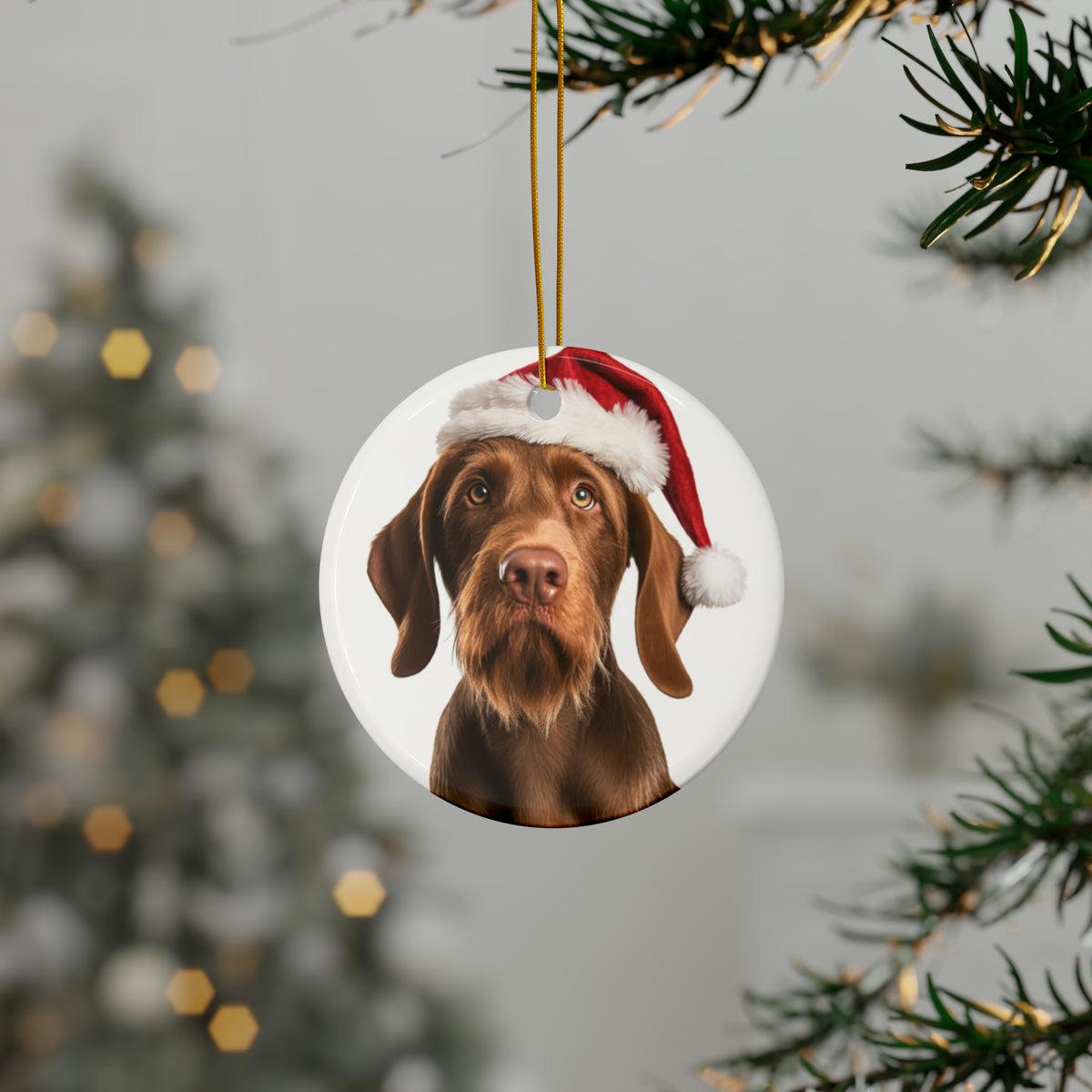 Hanging Ceramic Christmas Tree Ornament with Gold String - Wirehaired Vizsla Design, view 3