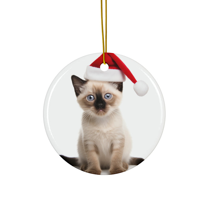 DistinctInk Hanging Ceramic Christmas Tree Ornament with Gold String - Great Gift/Present - 2 3/4 inch Diameter - Siamese Kitten Design