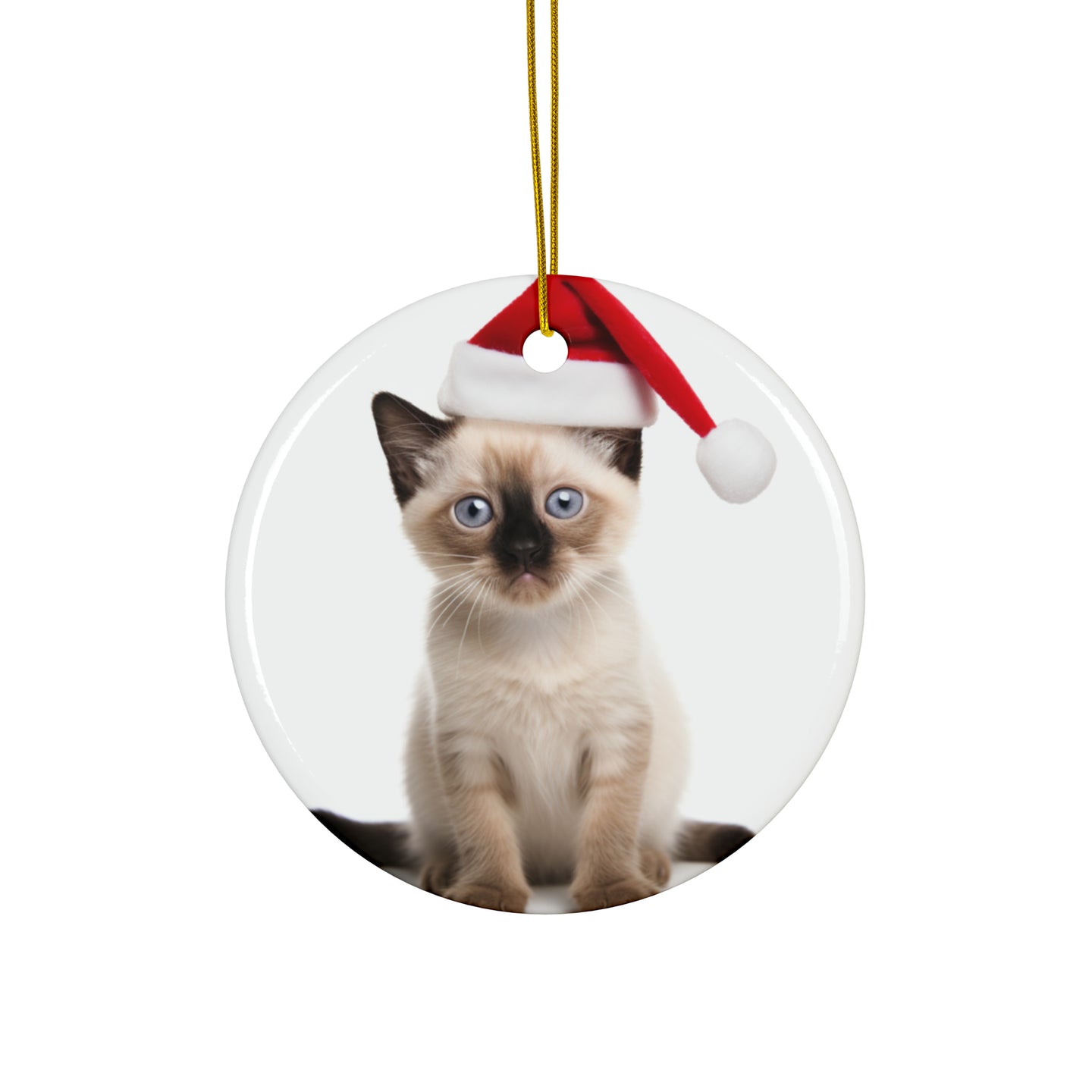 DistinctInk Hanging Ceramic Christmas Tree Ornament with Gold String - Great Gift/Present - 2 3/4 inch Diameter - Siamese Kitten Design