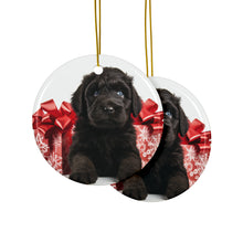 DistinctInk Hanging Ceramic Christmas Tree Ornament with Gold String - Great Gift/Present - 2 3/4 inch Diameter - Black Russian Terrier Puppy Design