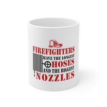 DistinctInk Glossy White Coffee / Tea Mug - Firefights Have Longest Hoses and Biggest Nozzles