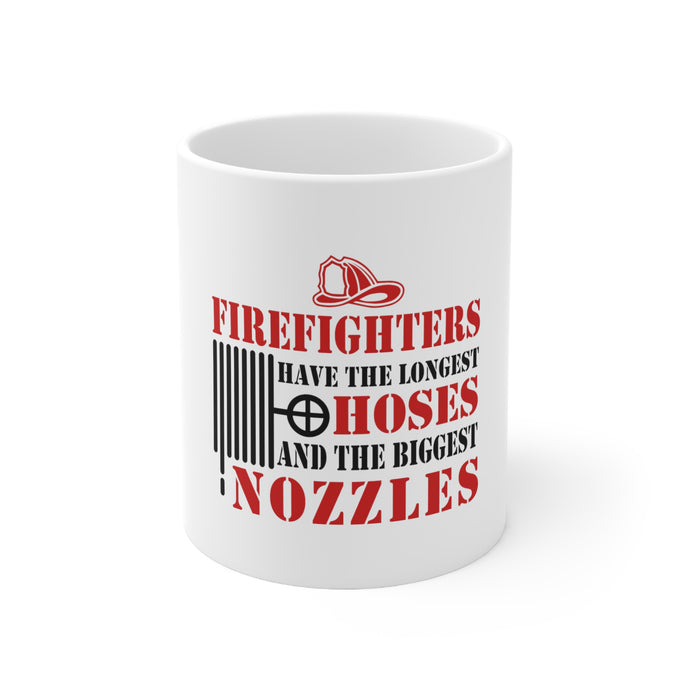 DistinctInk Glossy White Coffee / Tea Mug - Firefights Have Longest Hoses and Biggest Nozzles