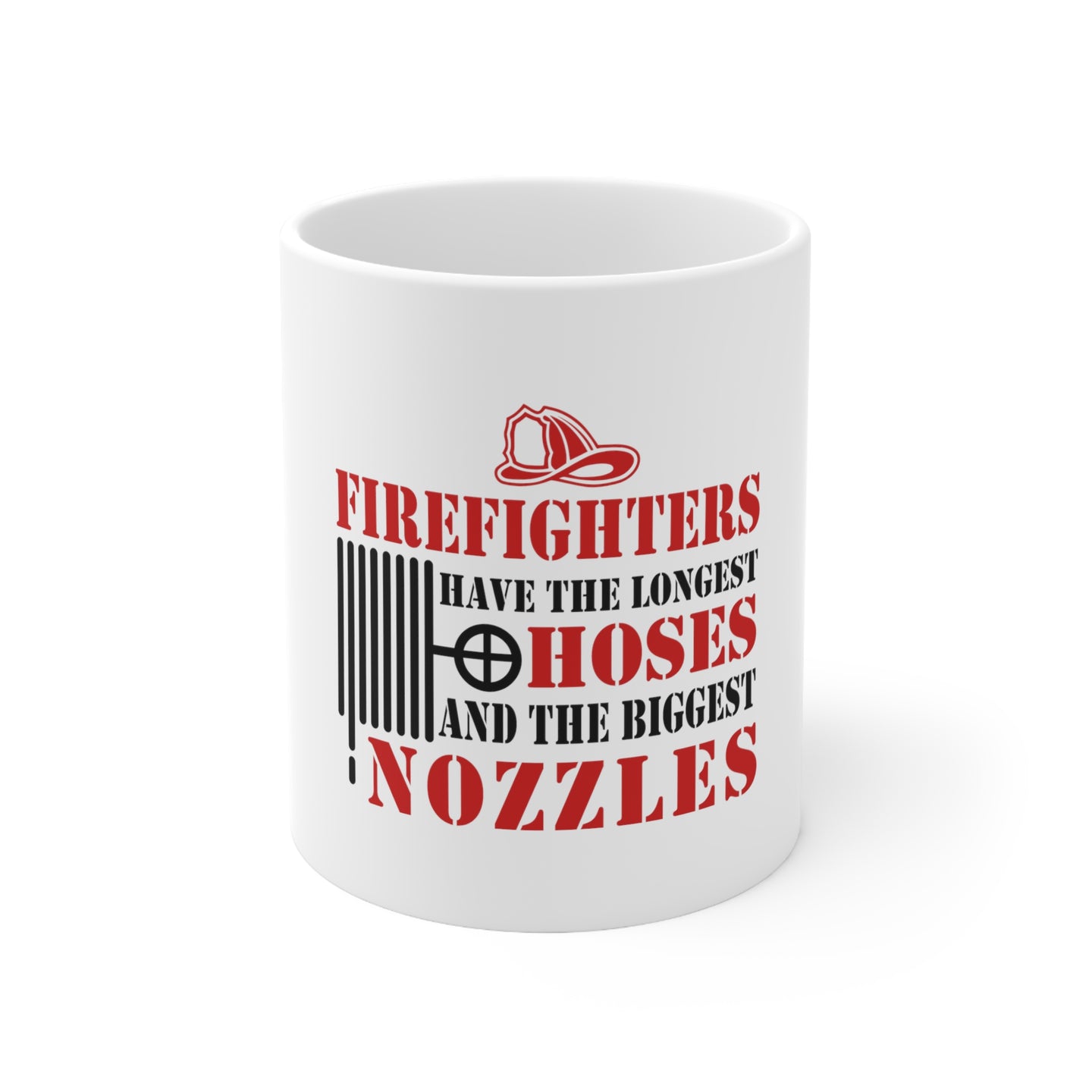 DistinctInk Glossy White Coffee / Tea Mug - Firefights Have Longest Hoses and Biggest Nozzles