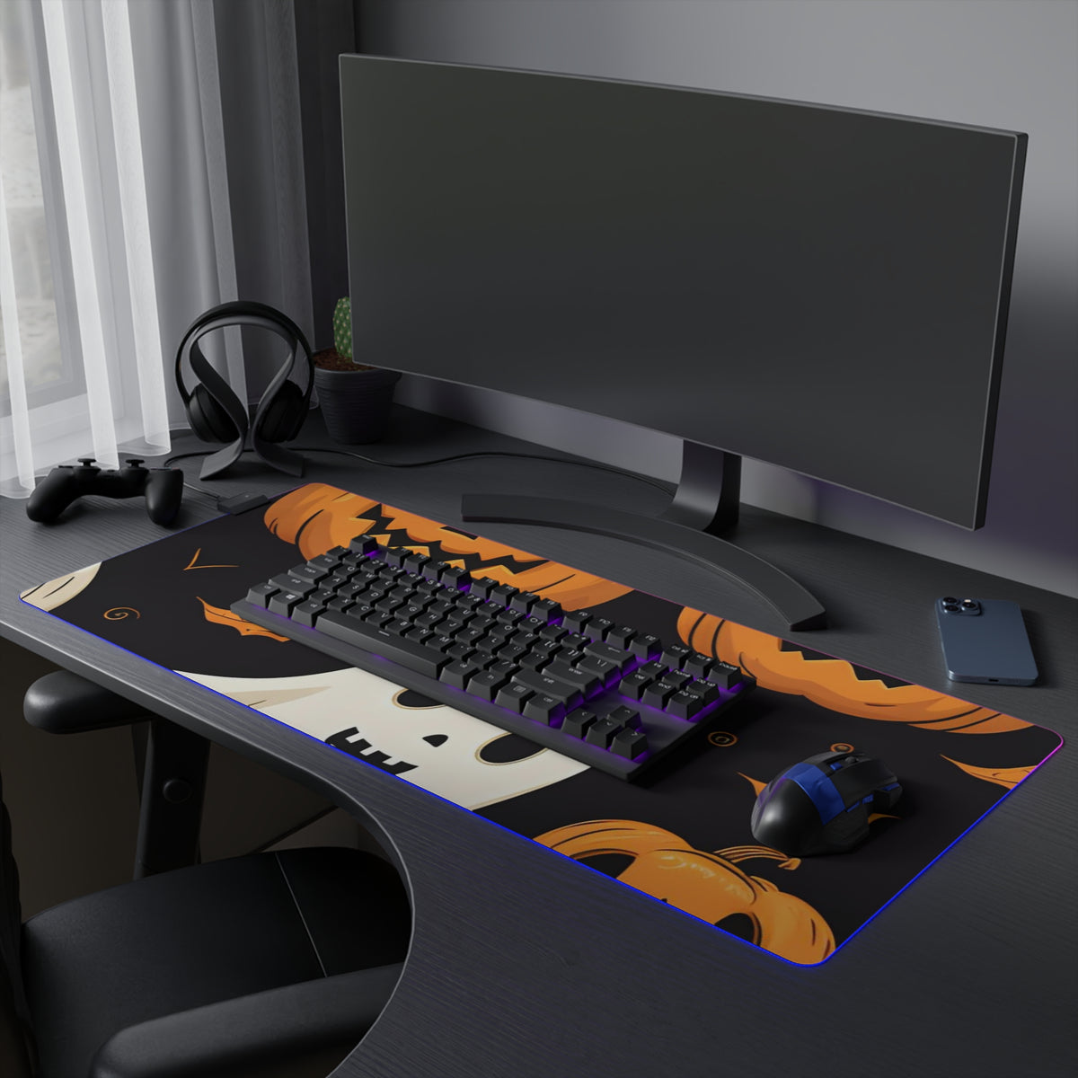 LED Gaming Mouse Pad with Ghastly Skeleton Pumpkin Party Design for Halloween, view 27
