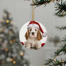 DistinctInk Hanging Ceramic Christmas Tree Ornament with Gold String - Great Gift/Present - 2 3/4 inch Diameter - Clumber Spaniel Puppy Design