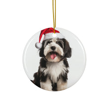 DistinctInk Hanging Ceramic Christmas Tree Ornament with Gold String - Great Gift/Present - 2 3/4 inch Diameter - Tibetan Terrier Design