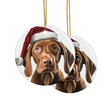 DistinctInk Hanging Ceramic Christmas Tree Ornament with Gold String - Great Gift/Present - 2 3/4 inch Diameter - Vizsla Puppy Design