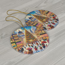 DistinctInk Hanging Ceramic Christmas Tree Ornament Charm with Gold String - Great Gift/Present - 2 3/4 inch Diameter - Christmas in the City