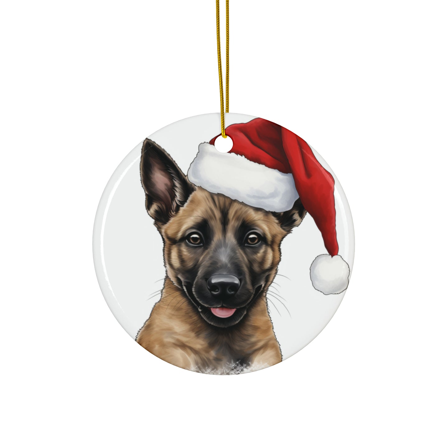 DistinctInk Hanging Ceramic Christmas Tree Ornament with Gold String - Great Gift/Present - 2 3/4 inch Diameter - Belgian Malinoi Puppy Drawing Design