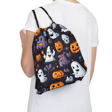 DistinctInk Drawstring Bag Backpack with Spooky Bat-o-lanterns Design for Halloween