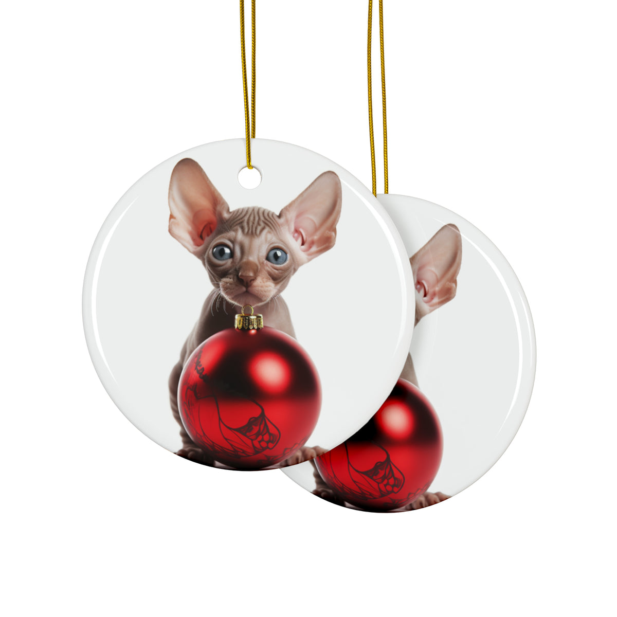 Hanging Ceramic Christmas Tree Ornament with Gold String - Sphynx Kitten Design, view 2