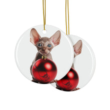 DistinctInk Hanging Ceramic Christmas Tree Ornament with Gold String - Great Gift/Present - 2 3/4 inch Diameter - Sphynx Kitten Design