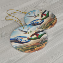 DistinctInk Hanging Ceramic Christmas Tree Ornament Charm with Gold String - Great Gift/Present - 2 3/4 inch Diameter - Hands of Peace