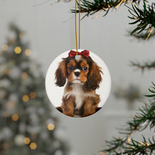DistinctInk Hanging Ceramic Christmas Tree Ornament with Gold String - Great Gift/Present - 2 3/4 inch Diameter - English Toy Spaniel Puppy Design