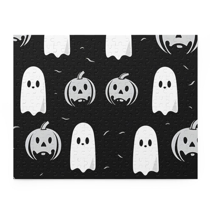 DistinctInk Jigsaw Puzzle with Skeletal Ghostly Pumpkin Mania Design for Halloween