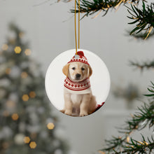 DistinctInk Hanging Ceramic Christmas Tree Ornament with Gold String - Great Gift/Present - 2 3/4 inch Diameter - Kuvaszok Puppy Design