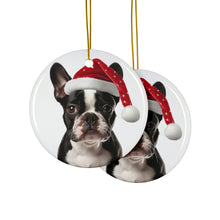DistinctInk Hanging Ceramic Christmas Tree Ornament with Gold String - Great Gift/Present - 2 3/4 inch Diameter - Boston Terrier Design
