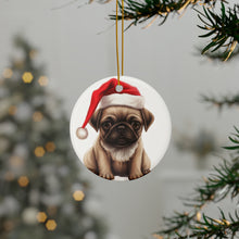 DistinctInk Hanging Ceramic Christmas Tree Ornament with Gold String - Great Gift/Present - 2 3/4 inch Diameter - Pug Puppy Drawing Design