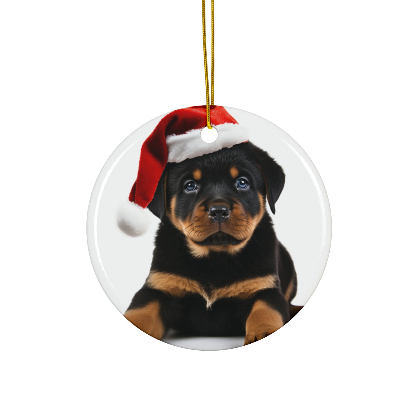 DistinctInk Hanging Ceramic Christmas Tree Ornament with Gold String - Great Gift/Present - 2 3/4 inch Diameter - Rottweiler Puppy Design