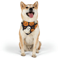 DistinctInk Adjustable Pet Banana Collar with Ghastly Skeleton Pumpkin Party Design for Halloween